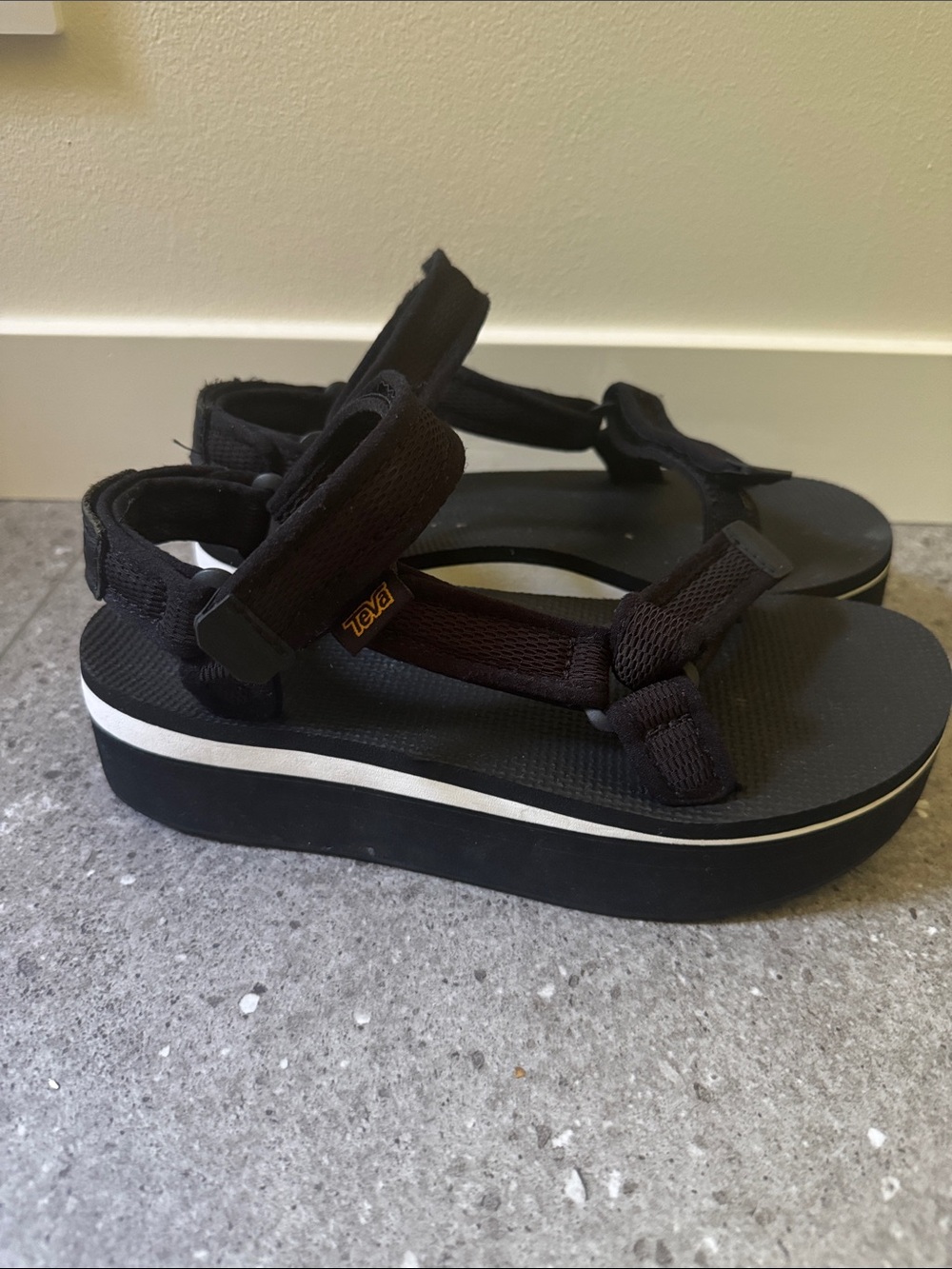 Teva Black Platform Strap Sandals with White Accent